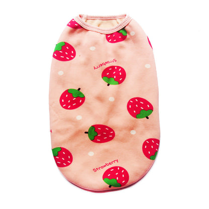 Strawberry plush dog vest Pet Zen, pink fabric with strawberry and white dots, sizes S M L on Tampa Home & Garden Store