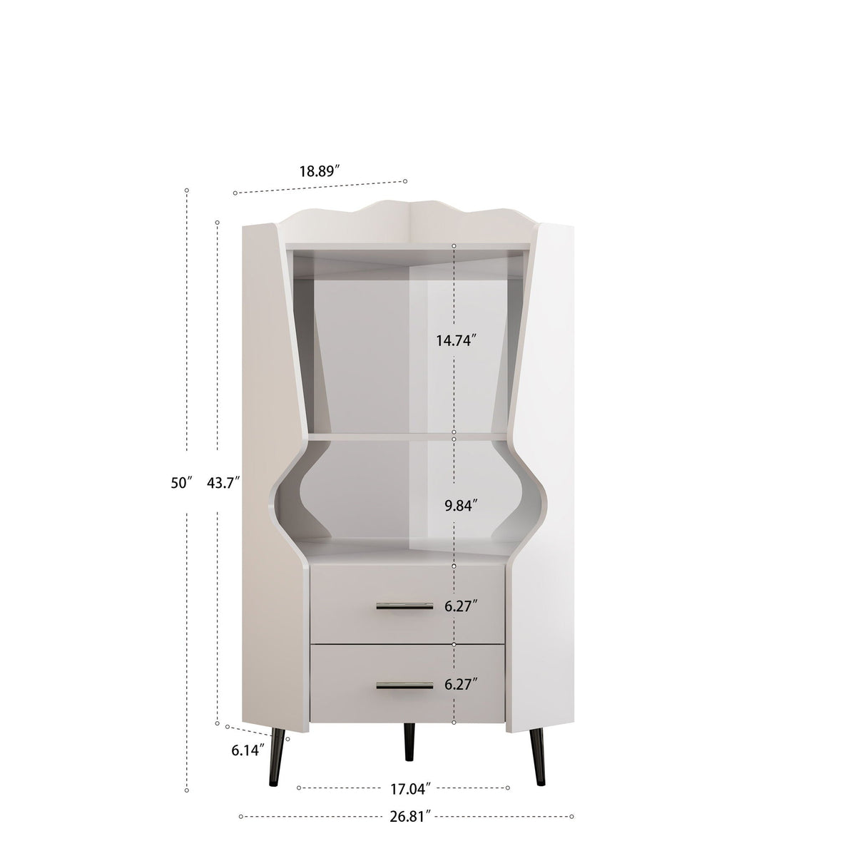 Corner bar cabinet in white wood with mirrored back and open storage shelves, 26.81in wide on Tampa Home & Garden Store