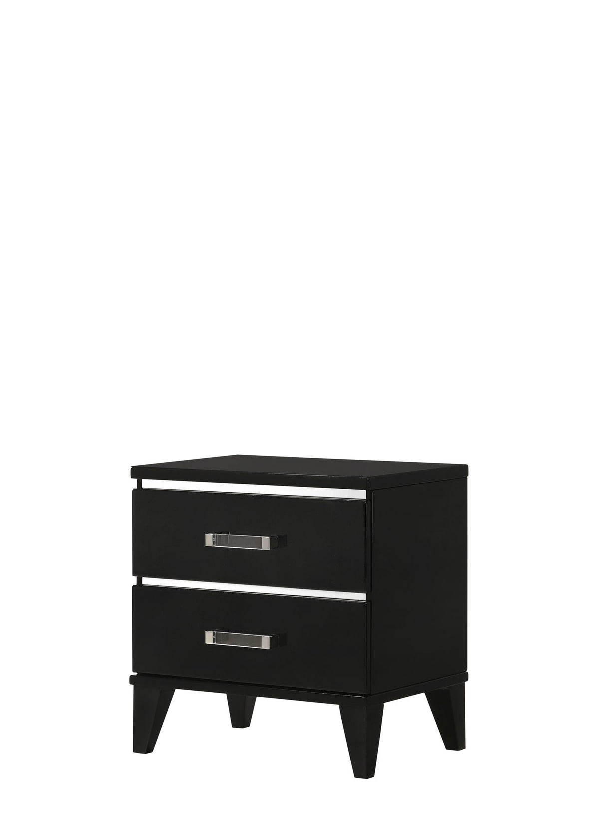 Chelsie Nightstand black with two drawers, chrome bar pulls, tapered legs HouseOfZazla on Tampa Home & Garden Store