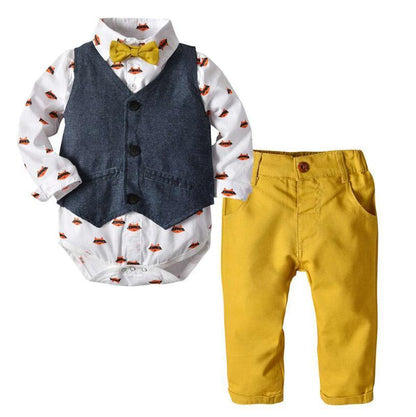 Stevvex baby boys outfit set: white printed onesie, navy vest, yellow bow tie, mustard pants on Tampa Home & Garden Store