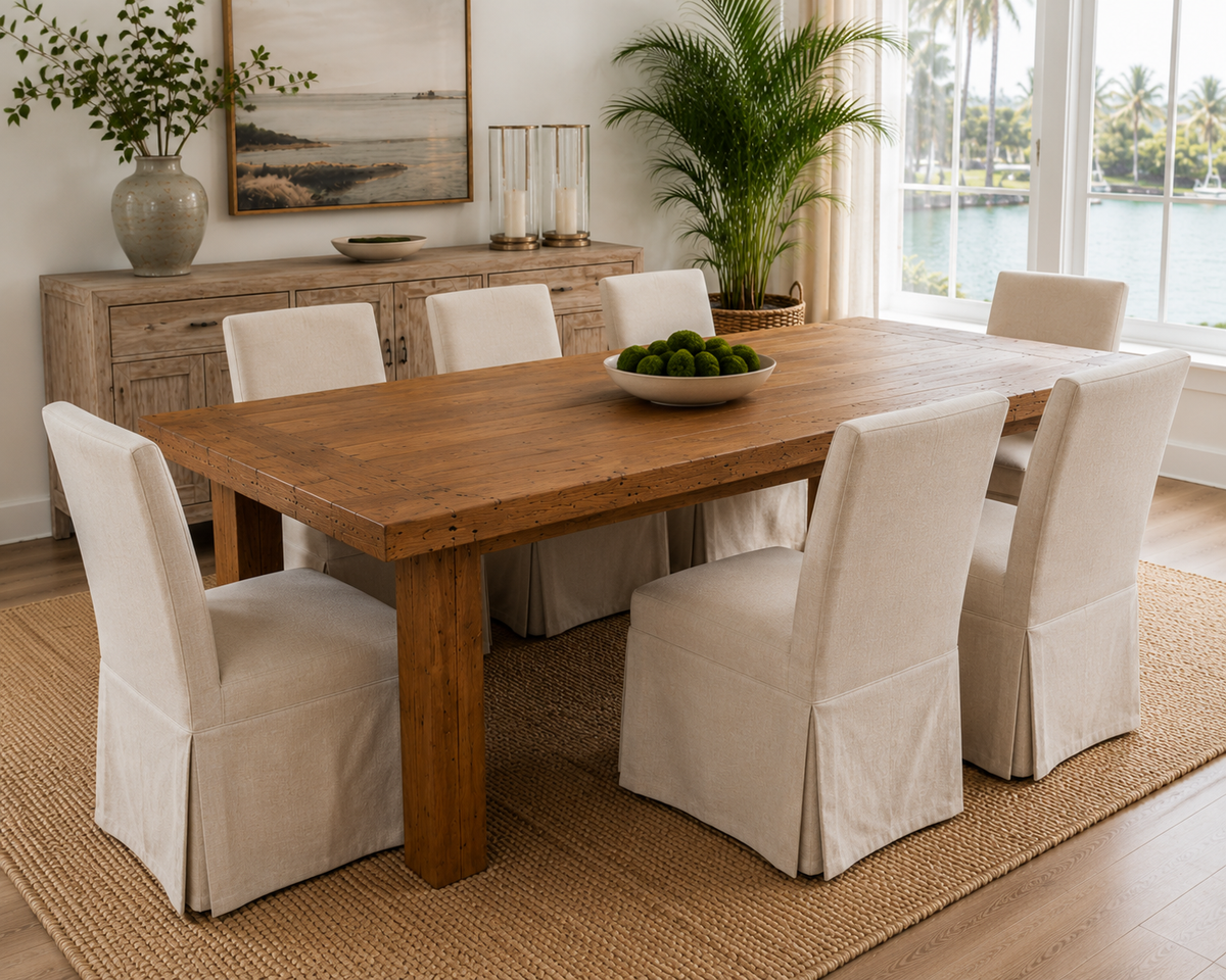 Recycled teak dining table 79 by 36 inches in warm natural wood with chunky legs, six beige chairs on Tampa Home & Garden Store