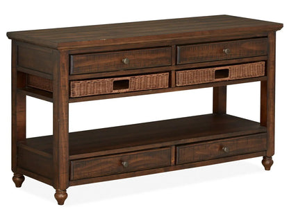 Cottage Lane wood sofa table coffee finish with drawers and wicker baskets on Tampa Home & Garden Store