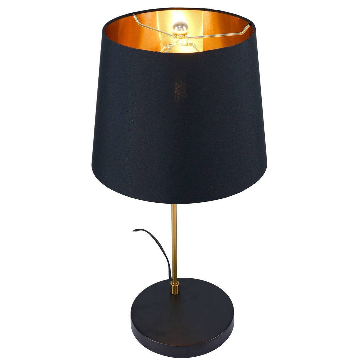 Desk lamp black fabric shade with brass stem and round base for bedside and table use on Tampa Home & Garden Store