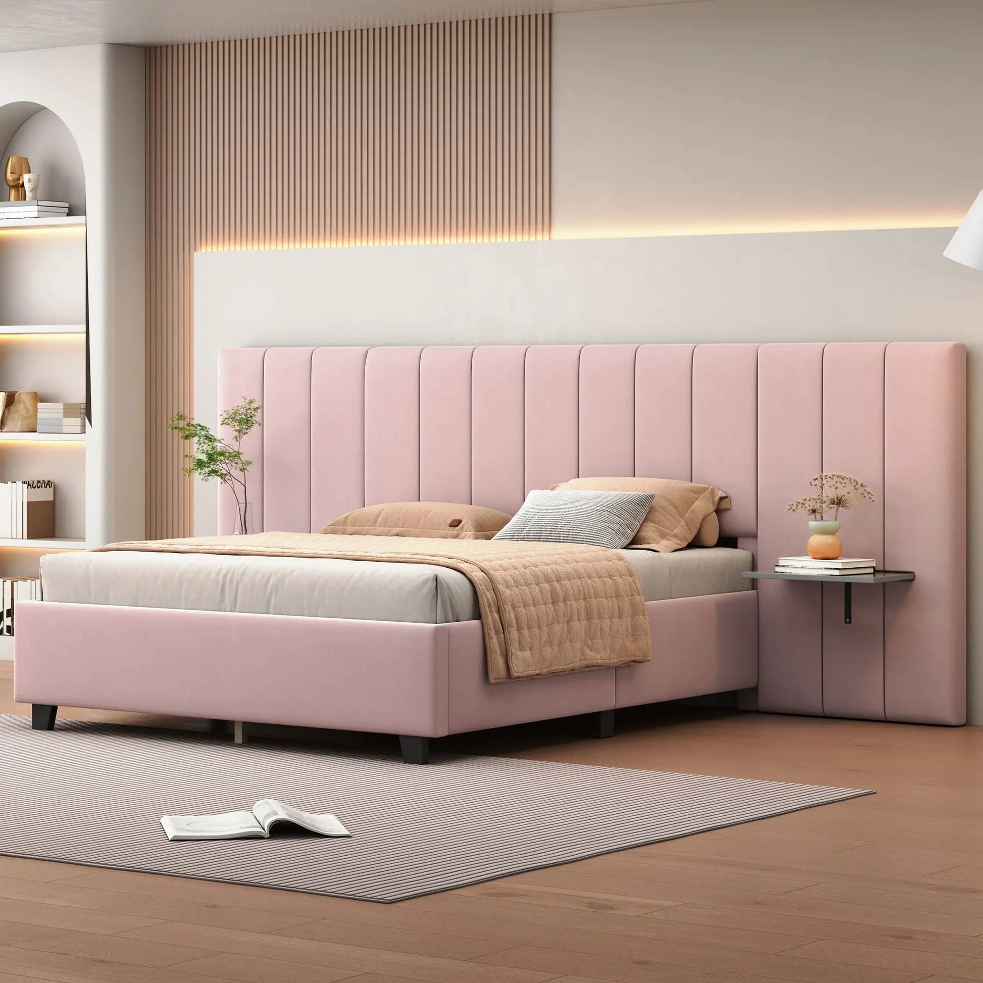 Upholstered platform bed with tall pink headboard and mauve panels, Unique Piece Furniture on Tampa Home & Garden Store