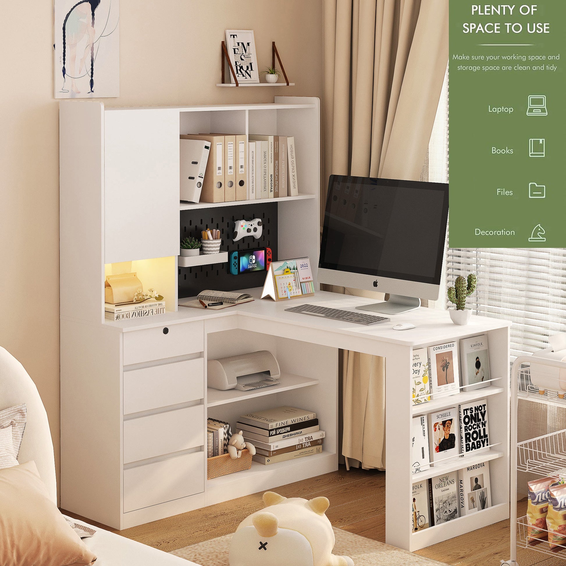 L-shaped office desk with charger, bookshelf with drawers and LED lights, and corner gaming computer desk with storage space - Tampa Home & Garden Store