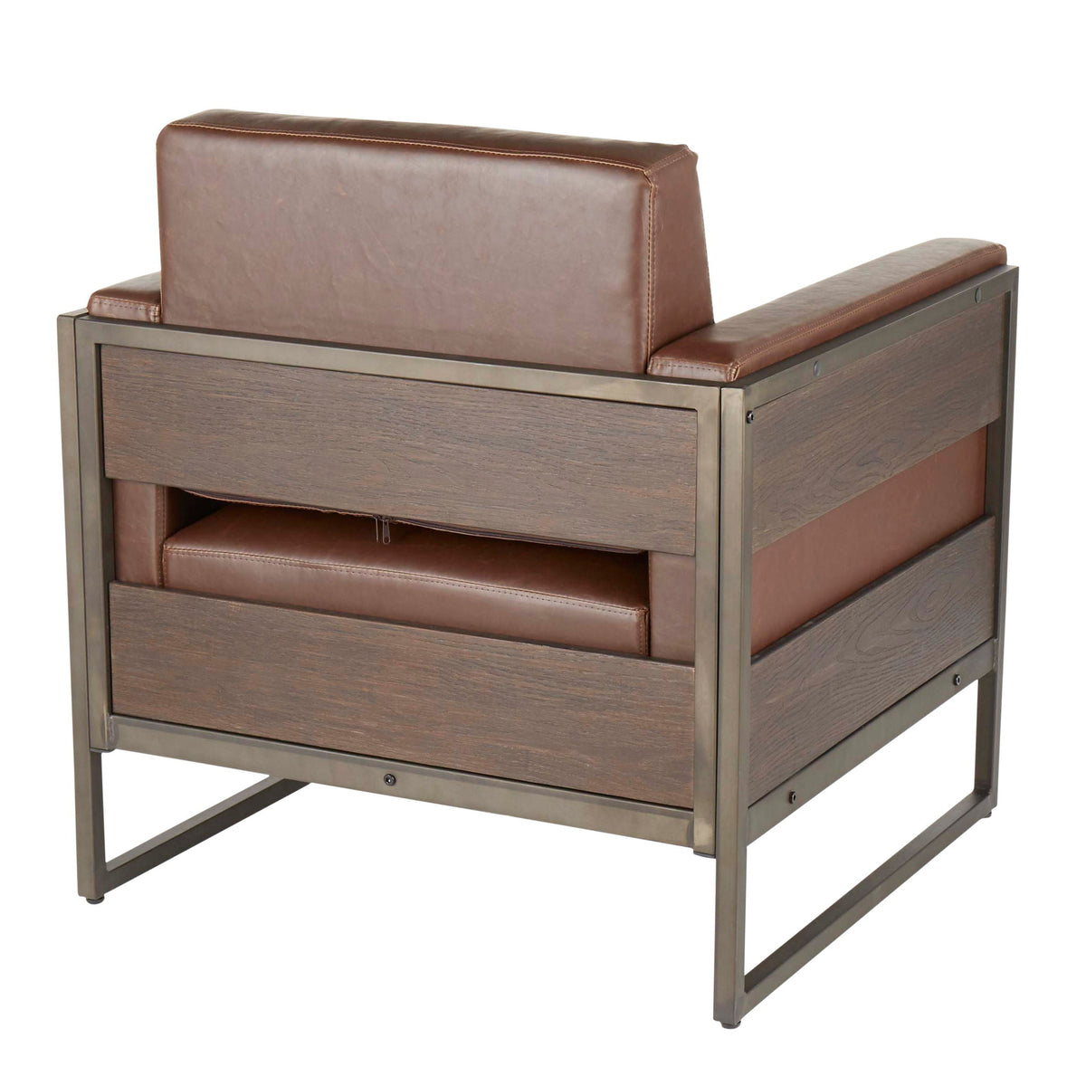 Industrial lounge chair with espresso wood accents, brown leather cushions and metal frame on Tampa Home & Garden Store