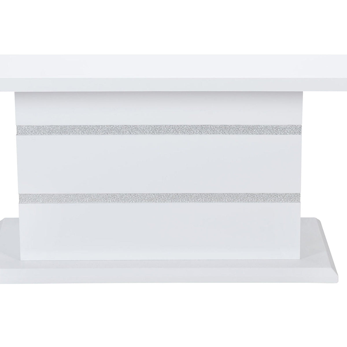 Ariya dining table with high gloss white finish and silver glitter band accents on Tampa Home & Garden Store