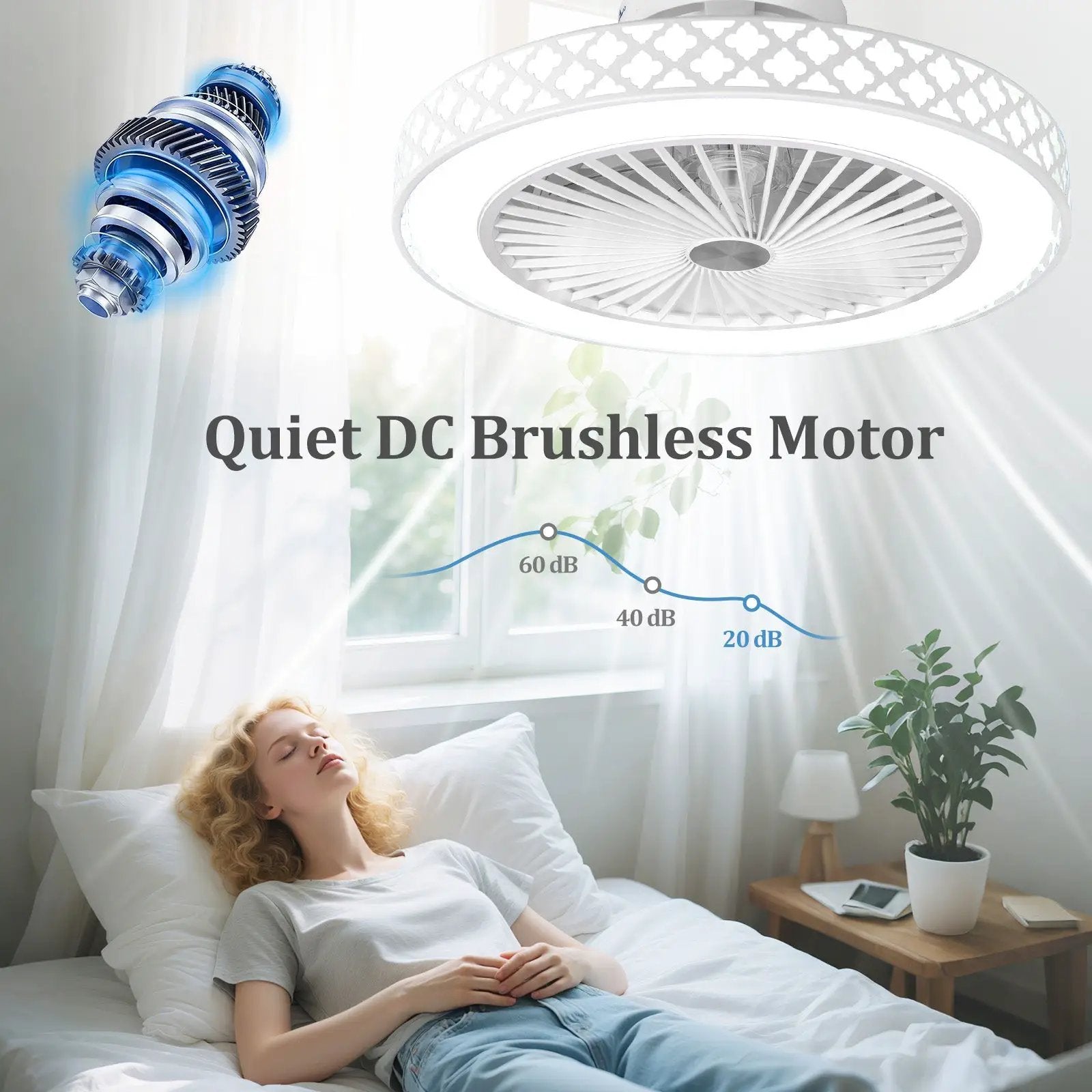 19-inch DirectDeals white ceiling fan with light, low-profile flush mount in bright bedroom on Tampa Home & Garden Store