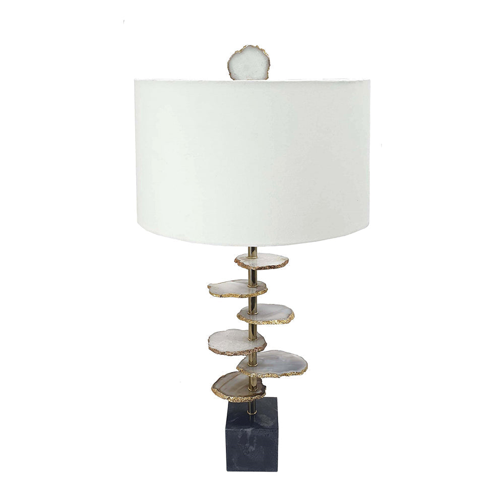 Smoke Agate-Slice Table Lamp with Marble Base, white shade and stacked agate discs on Tampa Home & Garden Store