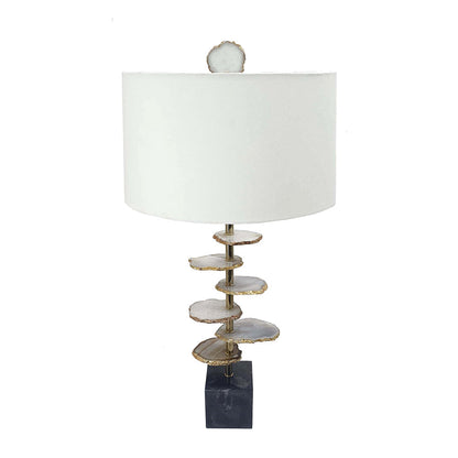 Smoke Agate-Slice Table Lamp with Marble Base, white shade and stacked agate discs on Tampa Home & Garden Store