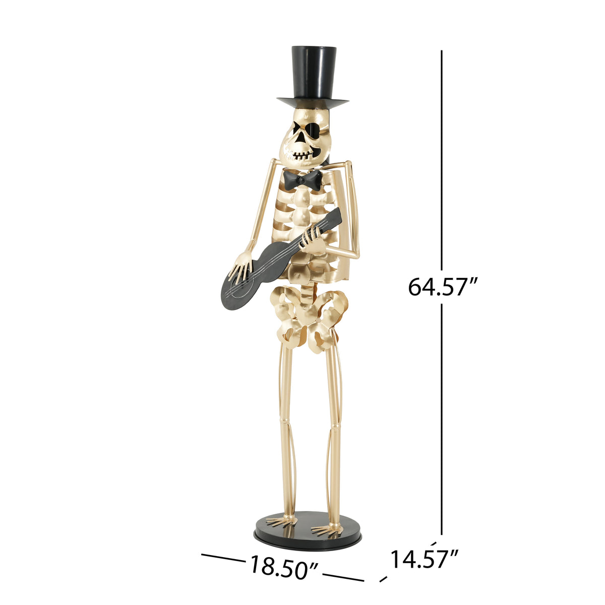 Skeleton Musician Statue in gold-tone metal with black top hat and bow tie, playing guitar on Tampa Home & Garden Store