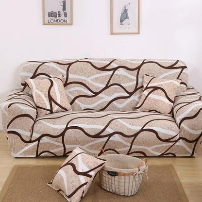 Sofa cover elastic full cover beige with brown abstract waves FLIPSTYLEZLLC on sofa on Tampa Home & Garden Store