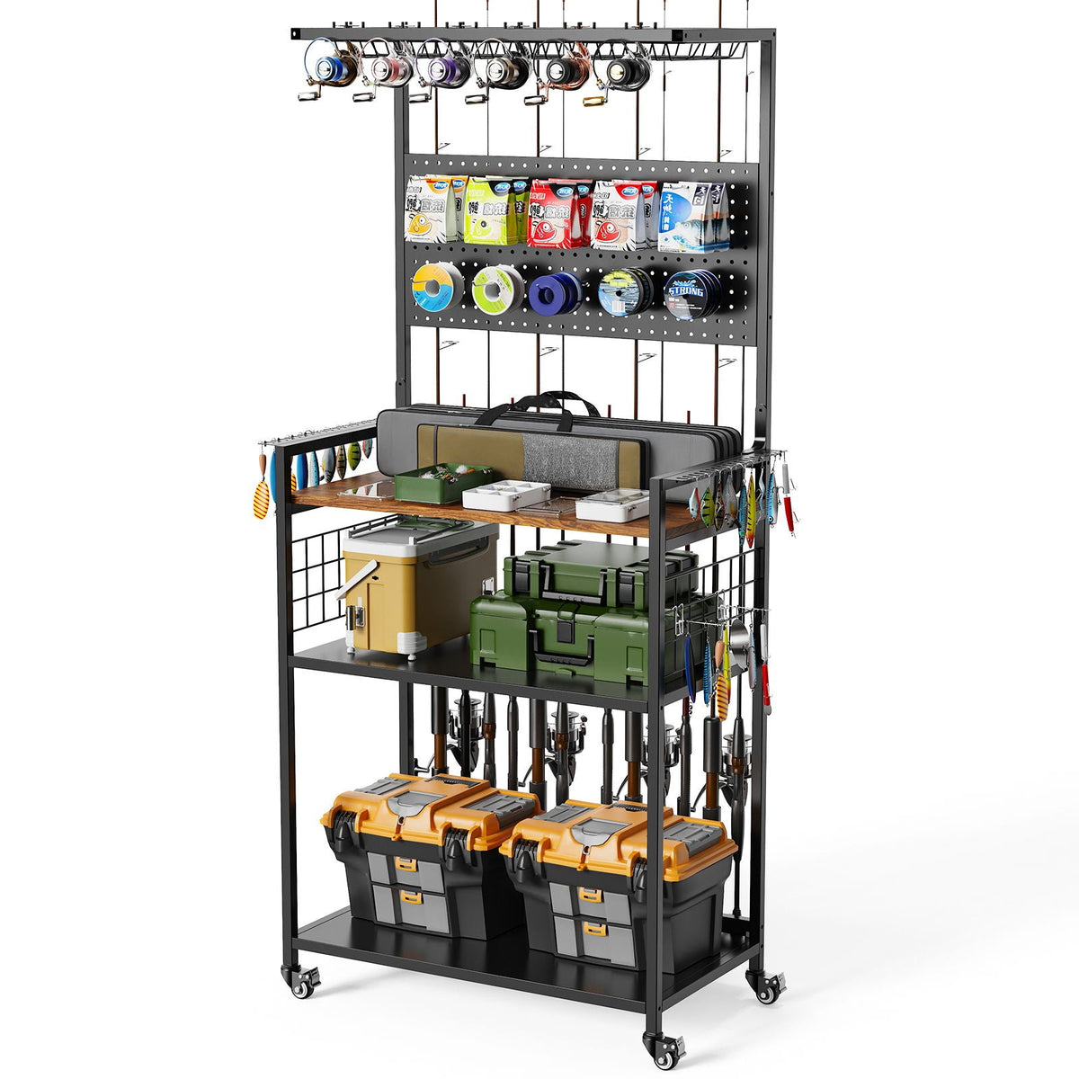 Fishing Rod Storage Rack with Pegboard Cart HouseOfZazla, black steel frame holds rods gear on Tampa Home & Garden Store