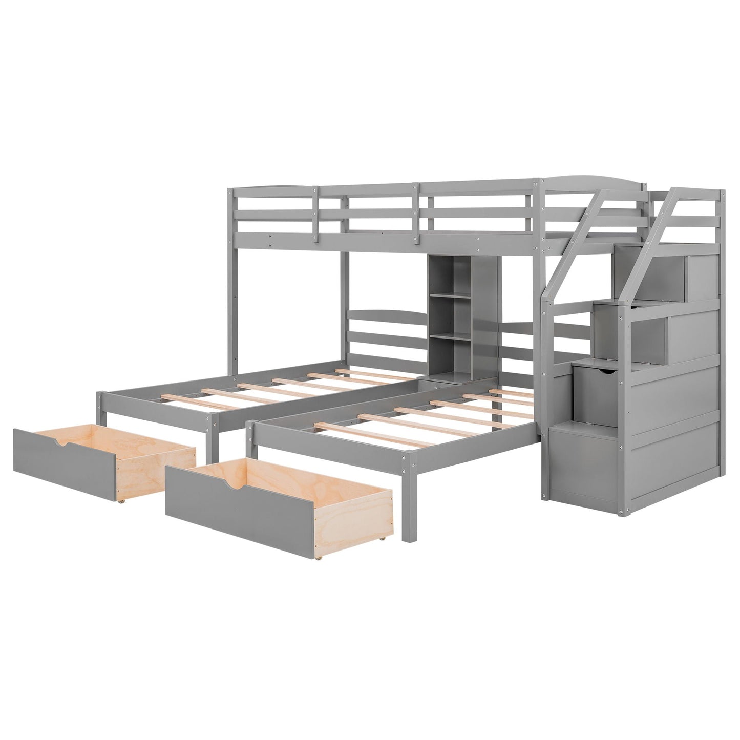 Twin over twin bunk bed with drawers, staircase storage and built-in shelves in gray on Tampa Home & Garden Store