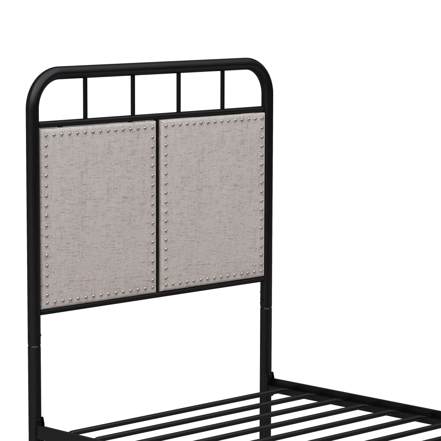 Twin size linen upholstered bed frame with fabric headboard and footboard, black metal on Tampa Home & Garden Store
