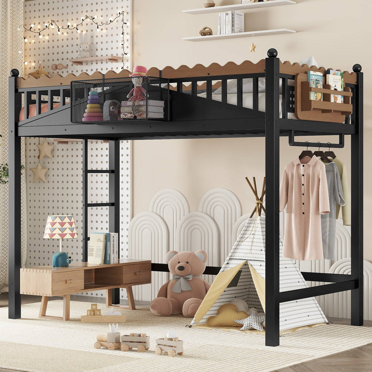 Twin XL Loft Bed with Ladders and Shelves by HouseOfZazla - black frame and wood accents on Tampa Home & Garden Store