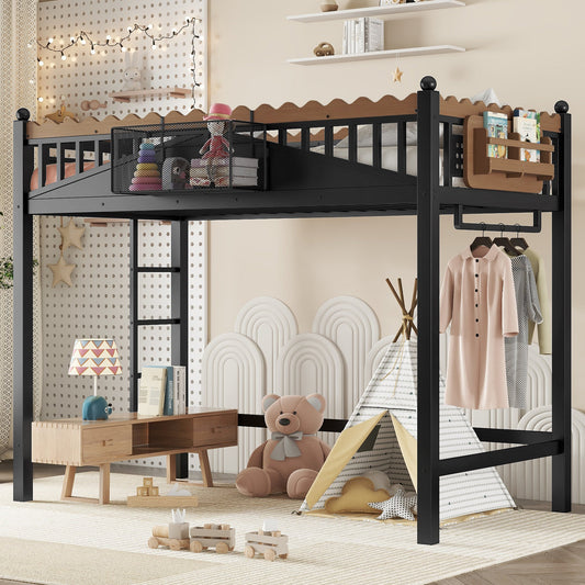 Twin XL Loft Bed with Ladders and Shelves by HouseOfZazla - black frame and wood accents on Tampa Home & Garden Store