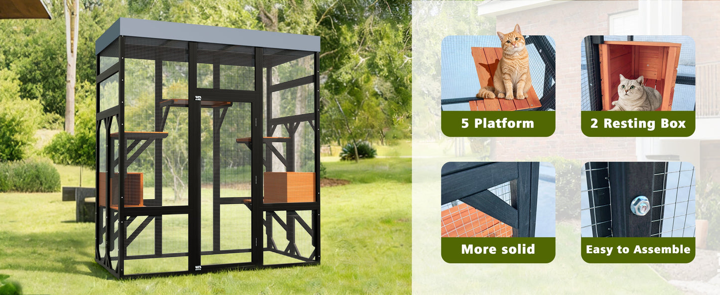 62.6in Solid Wood Pet Enclosure by HouseOfZazla with black frame, mesh panels, and wooden platforms on Tampa Home & Garden Store