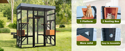 62.6in Solid Wood Pet Enclosure by HouseOfZazla with black frame, mesh panels, and wooden platforms on Tampa Home & Garden Store