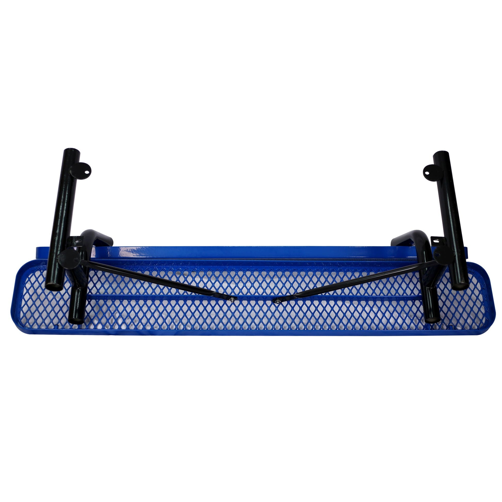6' Outdoor Steel Bench With Backrest, blue base and black posts on Tampa Home & Garden Store