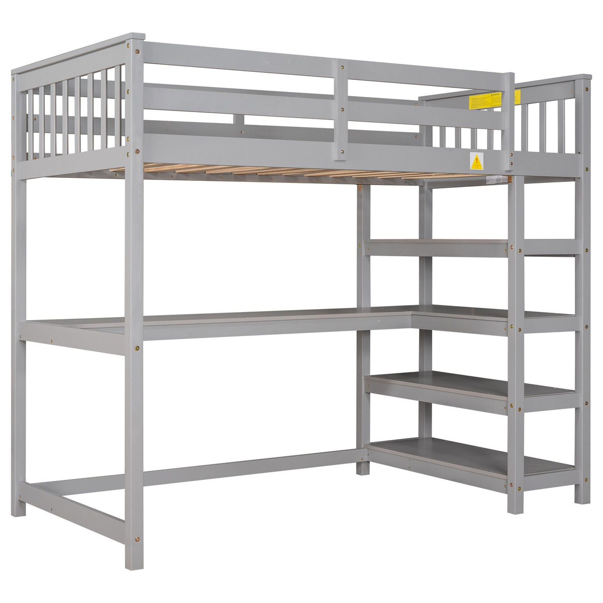 Loft bed with storage shelves and under-bed desk in gray wood on Tampa Home & Garden Store