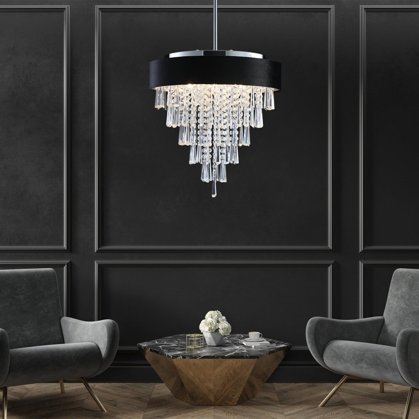 18-inch modern crystal chandelier with black velvet shade by HouseOfZazla, prisms cascade on Tampa Home & Garden Store