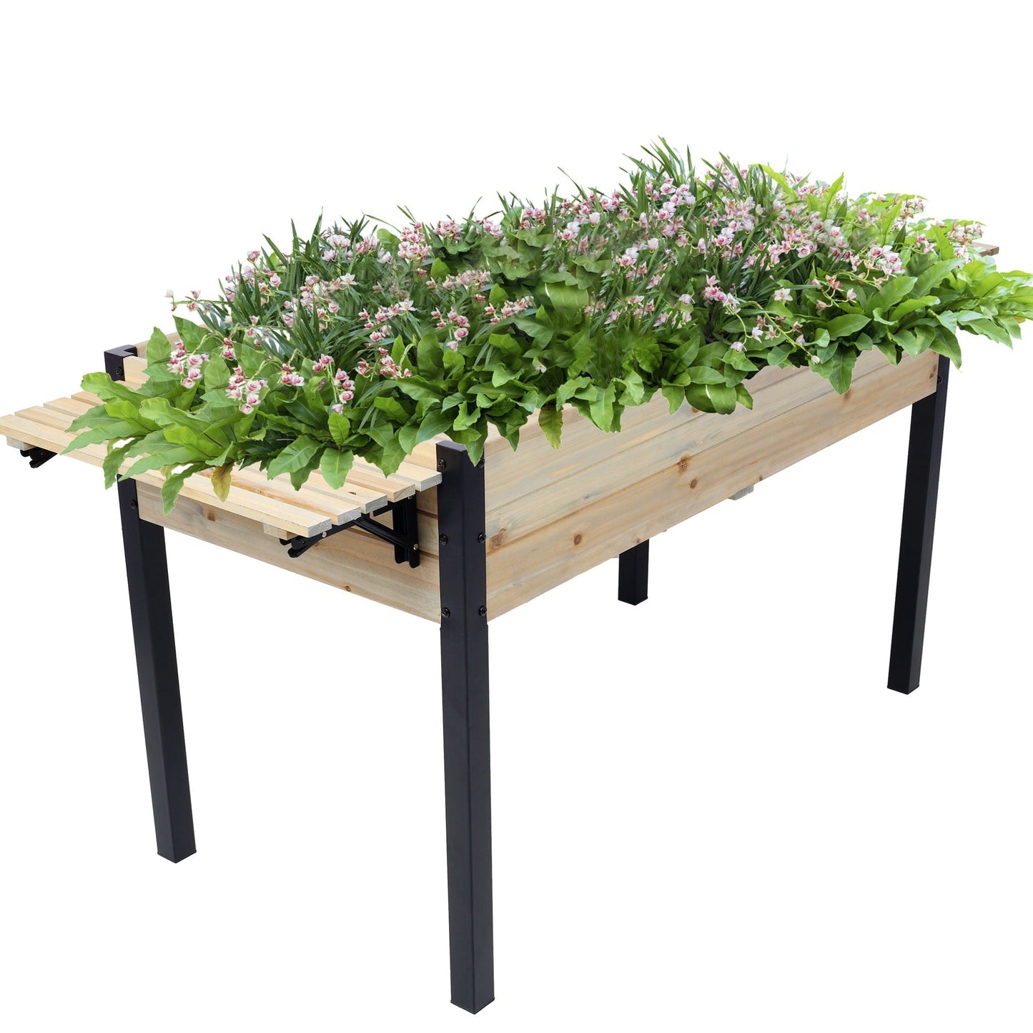 Raised Garden Bed with Metal Legs and Folding Shelf wooden planter with black legs and greenery on Tampa Home & Garden Store
