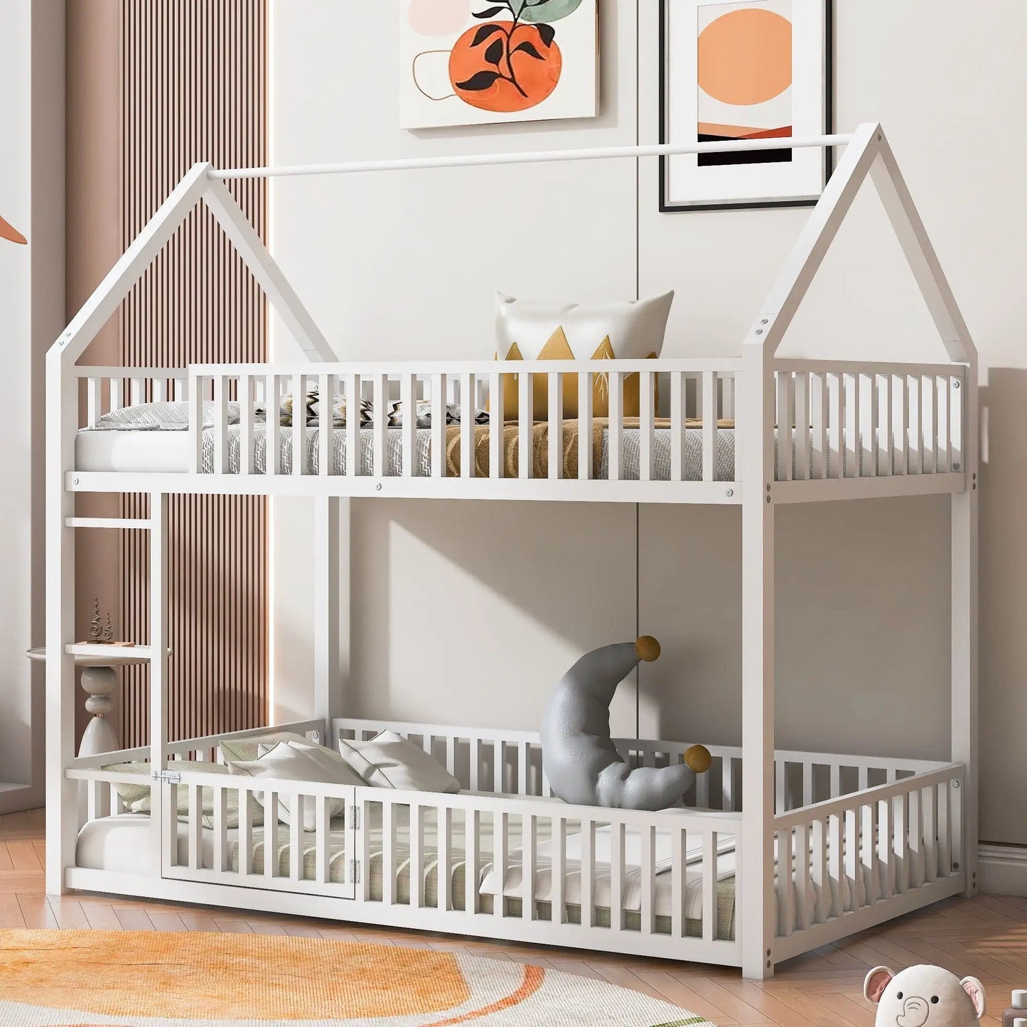 Metal House Bunk Bed with Fence and Door