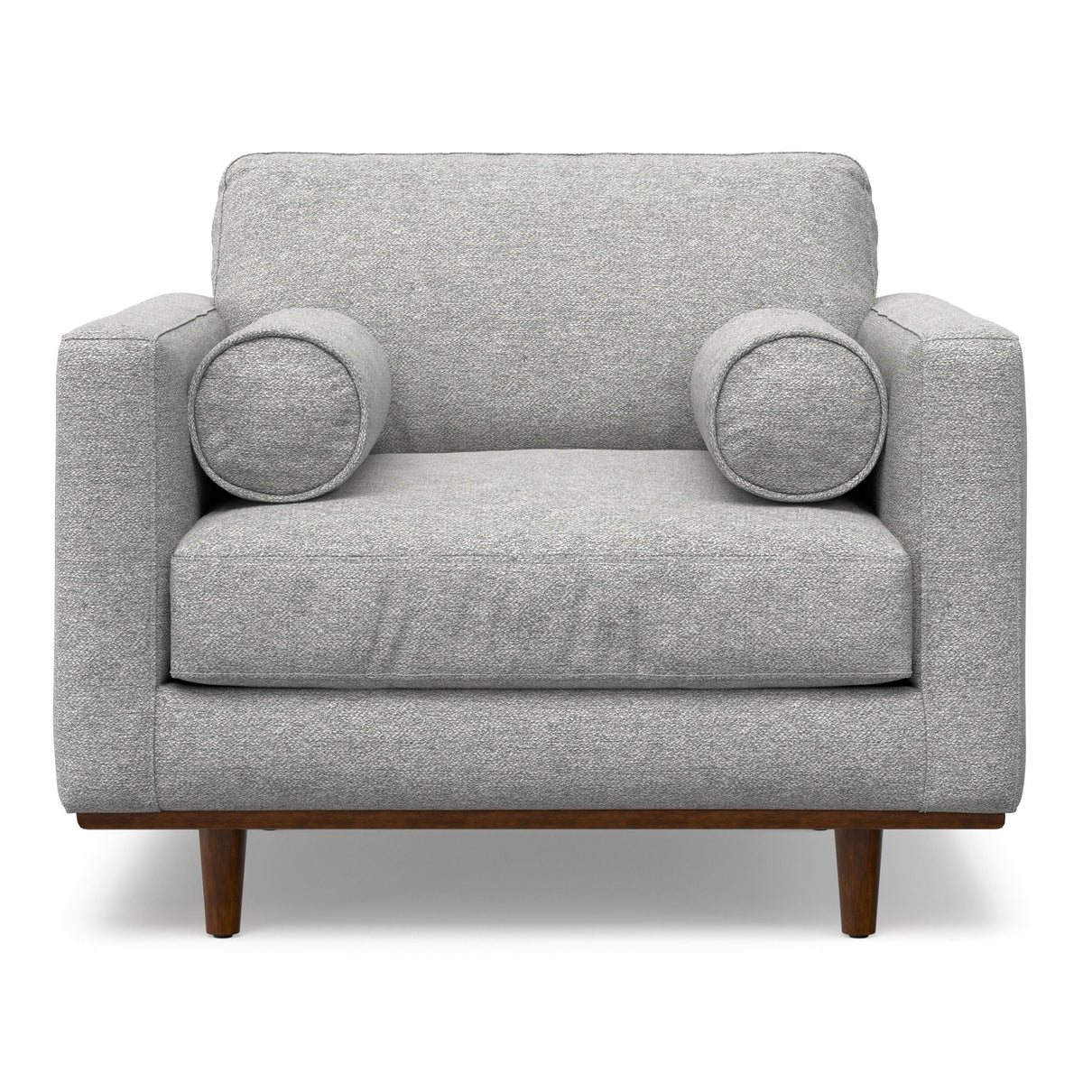Wide Arm Chair with Removable Cushions in gray fabric, cylindrical arm pillows, wooden legs on Tampa Home & Garden Store