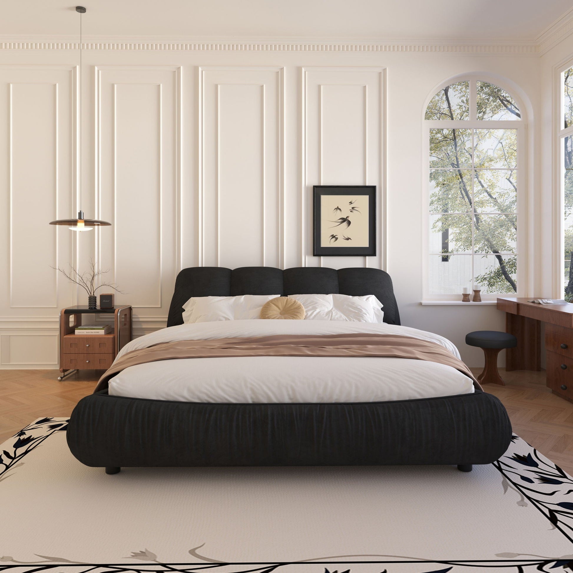 Luxury upholstered platform bed with oversized padded backrest and solid wood frame on Tampa Home & Garden Store