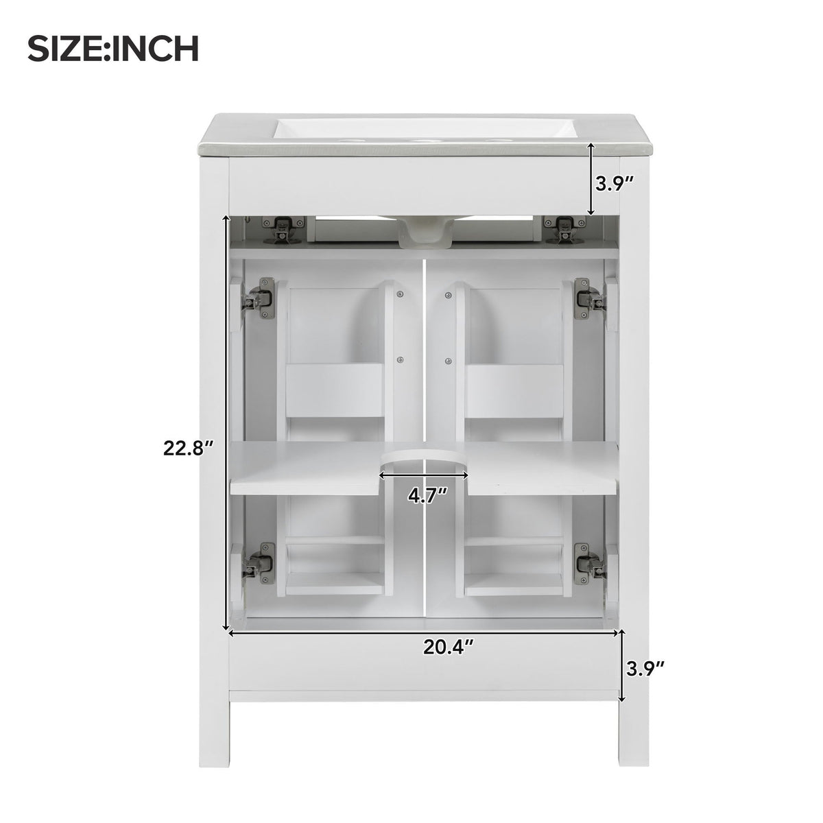 Modern white bathroom vanity with soft-close cabinet doors and interior shelving, 20.4 in wide on Tampa Home & Garden Store