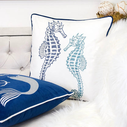 Seahorses pillow cover with matching back, white with blue embroidery and navy trim on Tampa Home & Garden Store