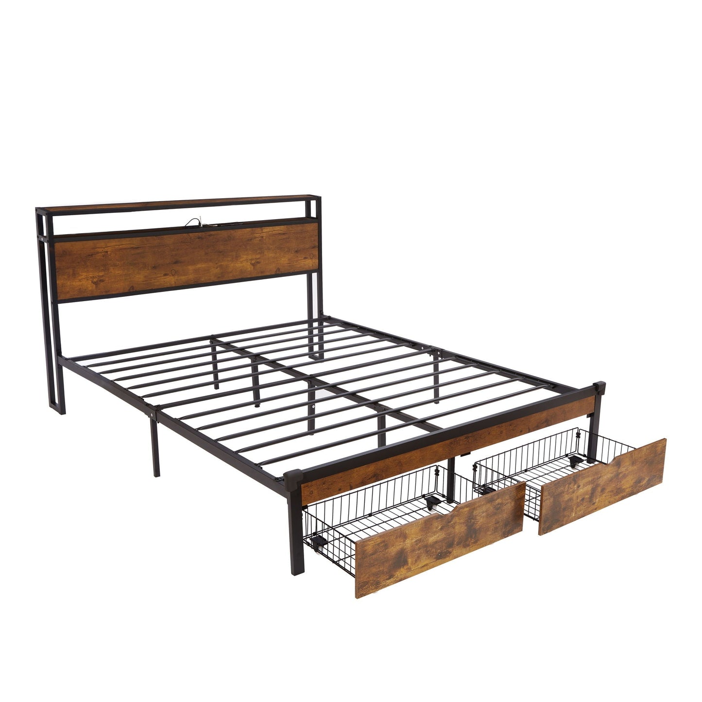 Modern metal bed with led lights and two drawers