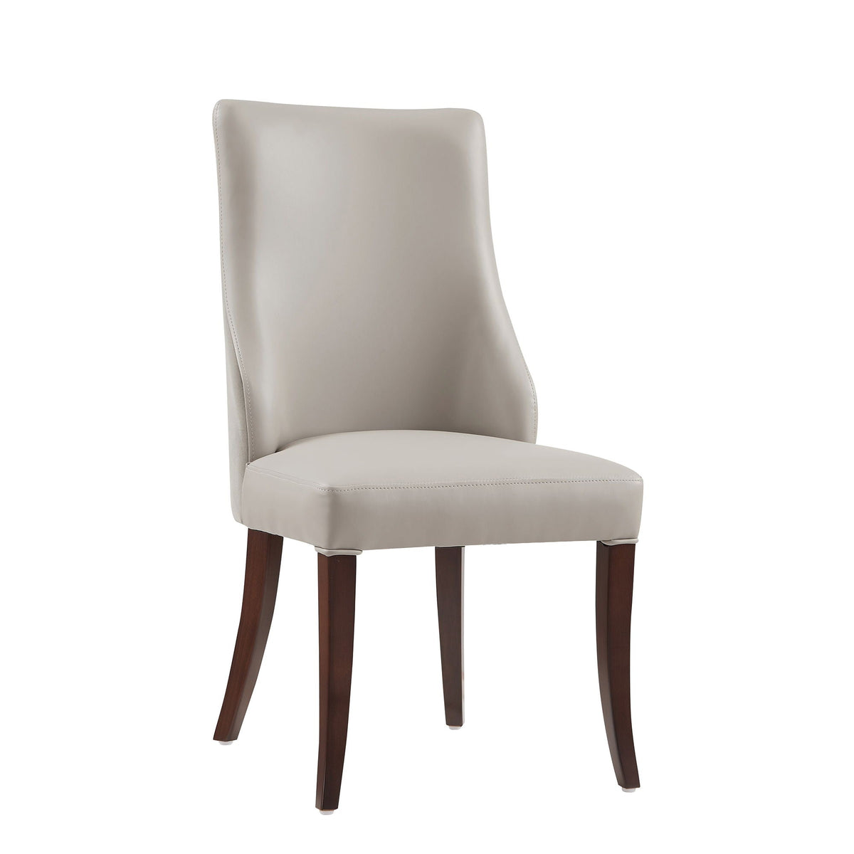 Modern dining chair with gray leather upholstery and dark wood legs, high curved back on Tampa Home & Garden Store