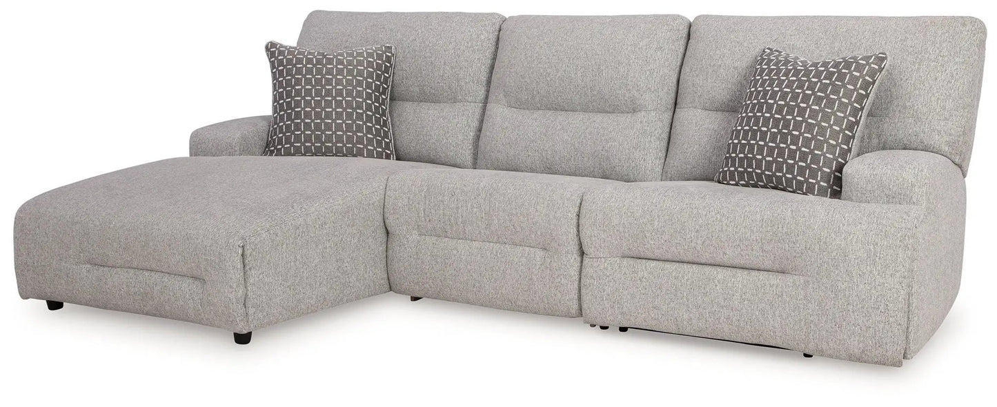 Acklen Place reclining sectional in light gray fabric with two pillows left chaise on Tampa Home & Garden Store
