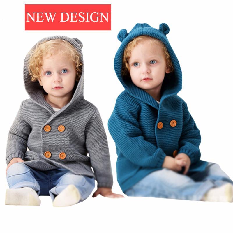 Knitting cardigan hooded sweater for newborn grey and teal knit with wooden buttons, Stevvex 2pc on Tampa Home & Garden Store