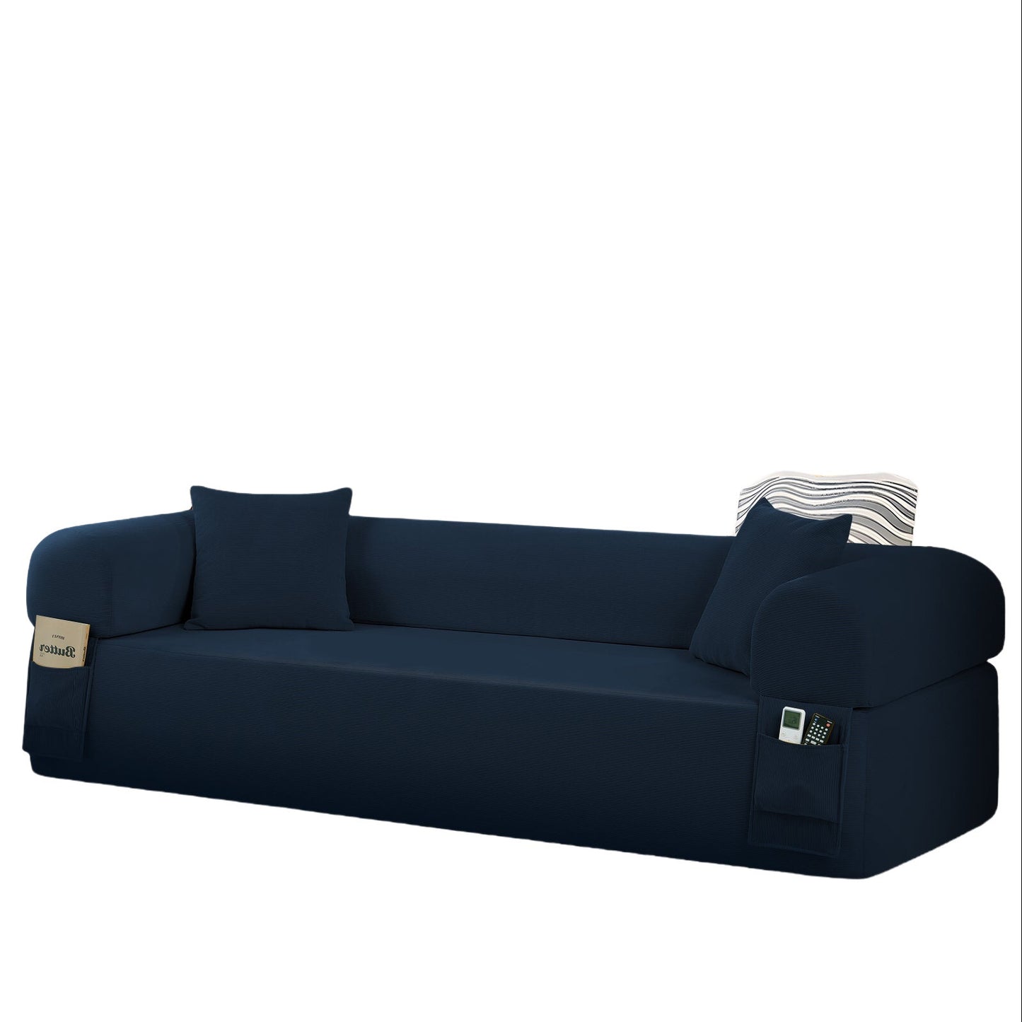 Spring sofa with blue fabric, built-in storage pockets on arms and cushions on Tampa Home & Garden Store