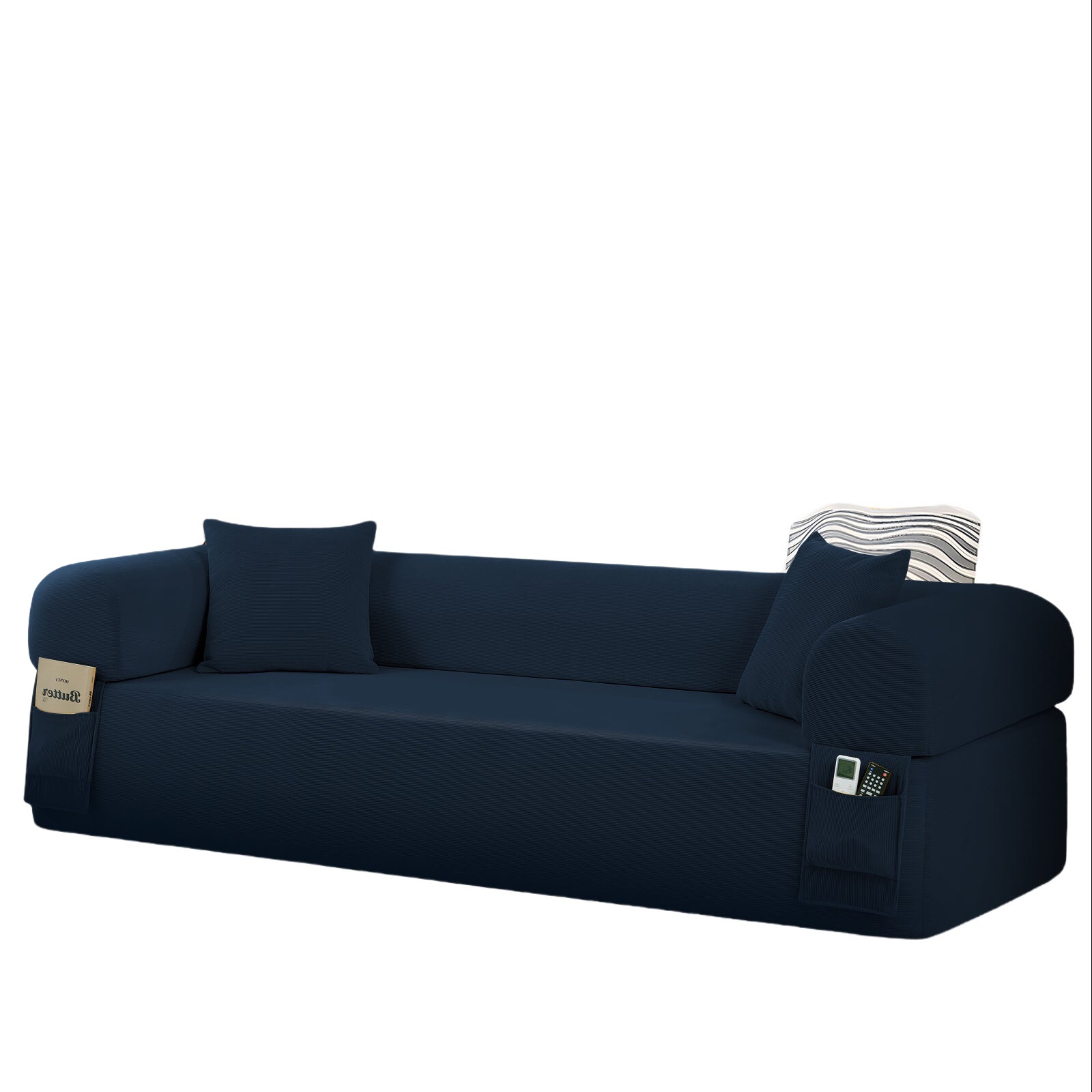 Spring sofa with blue fabric, built-in storage pockets on arms and cushions on Tampa Home & Garden Store