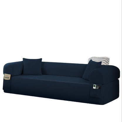 Spring sofa with blue fabric, built-in storage pockets on arms and cushions on Tampa Home & Garden Store