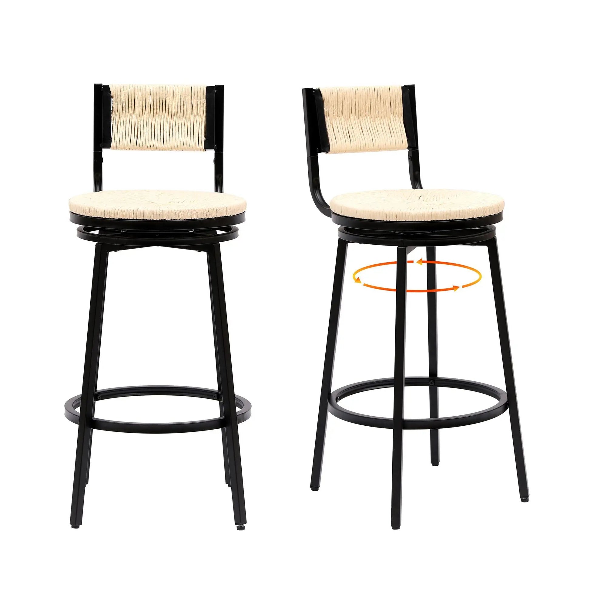 Swivel bar stools with black metal frames and natural paper rope seats set of 2 on Tampa Home & Garden Store