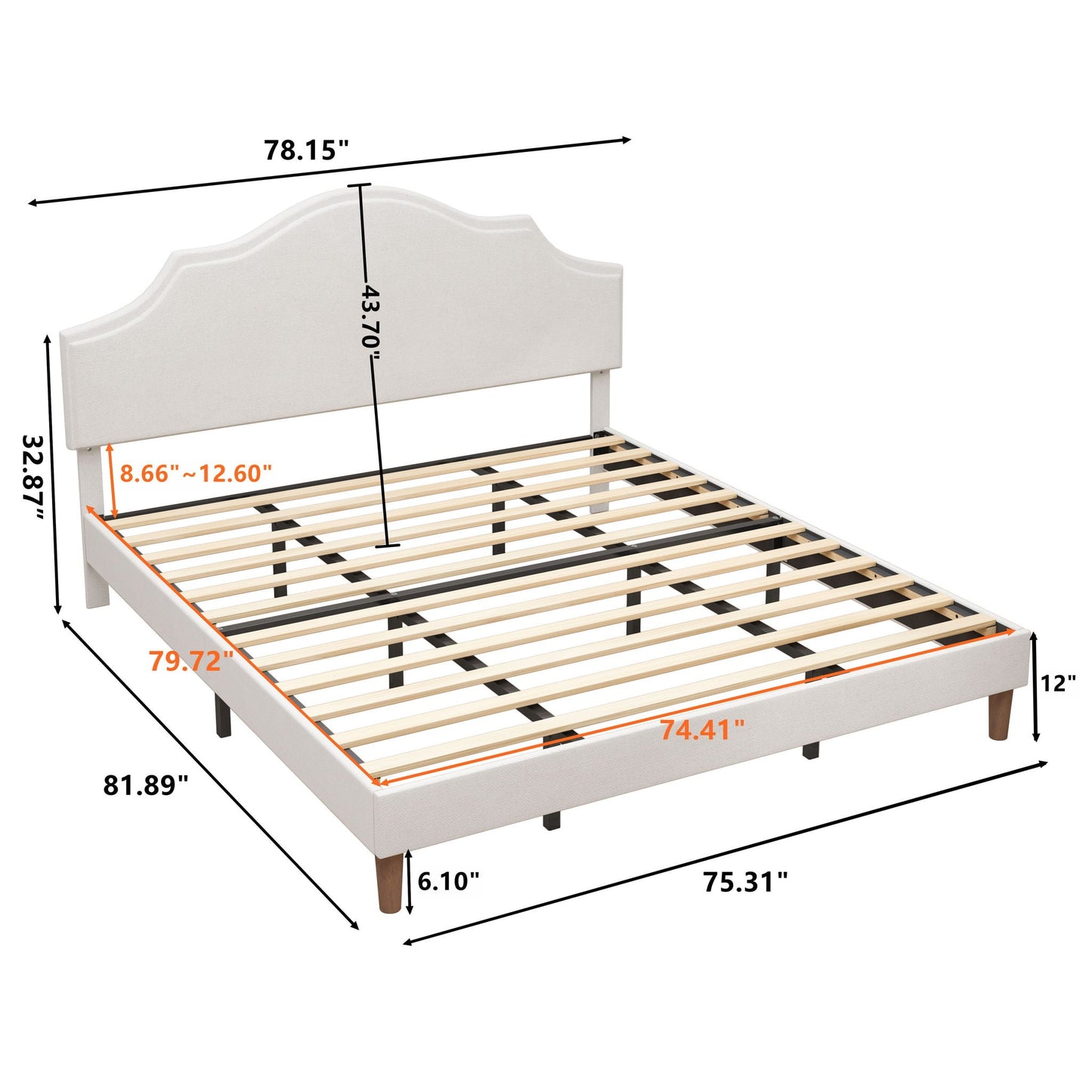 King Upholstered Platform Bed Frame in White