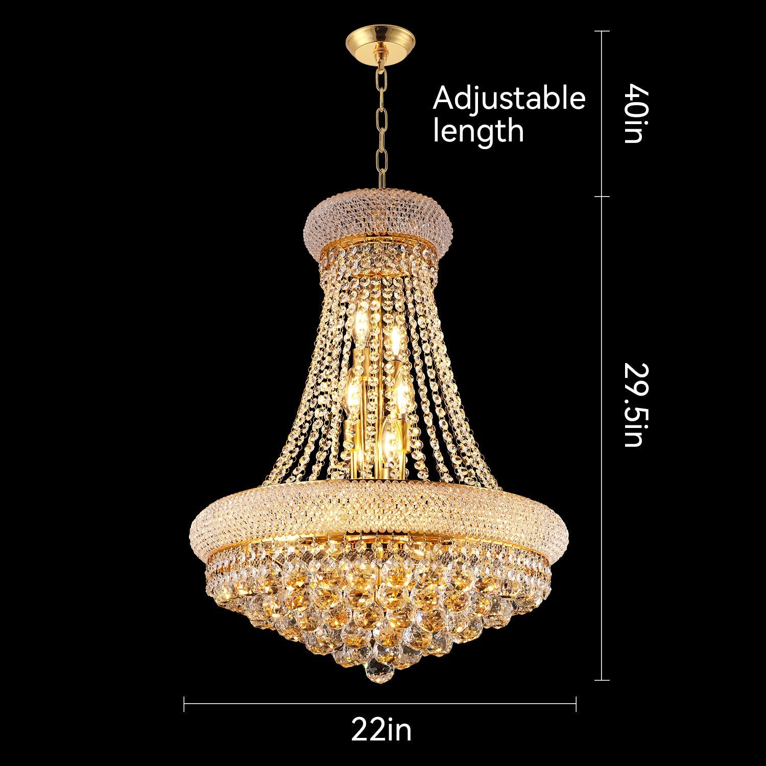 24-Inch gold crystal chandelier, 12-light French Empire style with crystal beads on Tampa Home & Garden Store