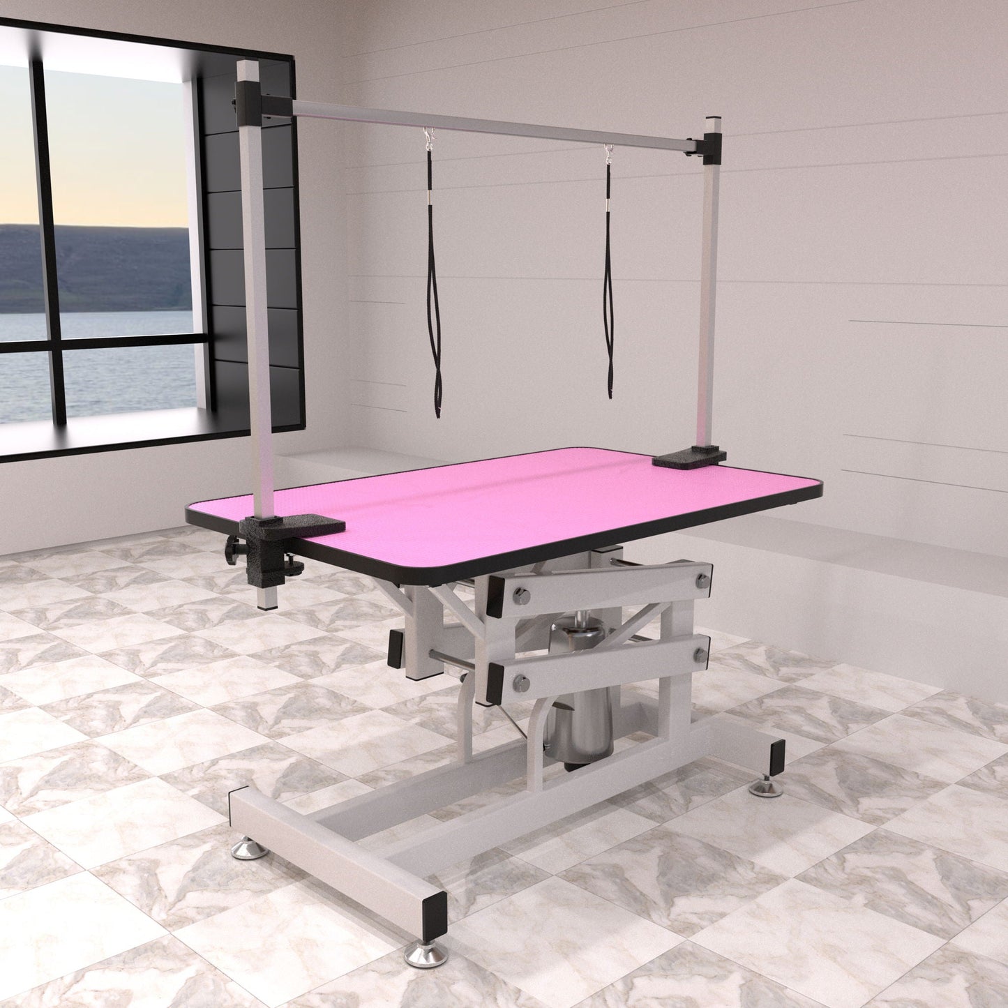 Hydraulic pet grooming table with H-arm, pink top, gray frame by HouseOfZazla on Tampa Home & Garden Store