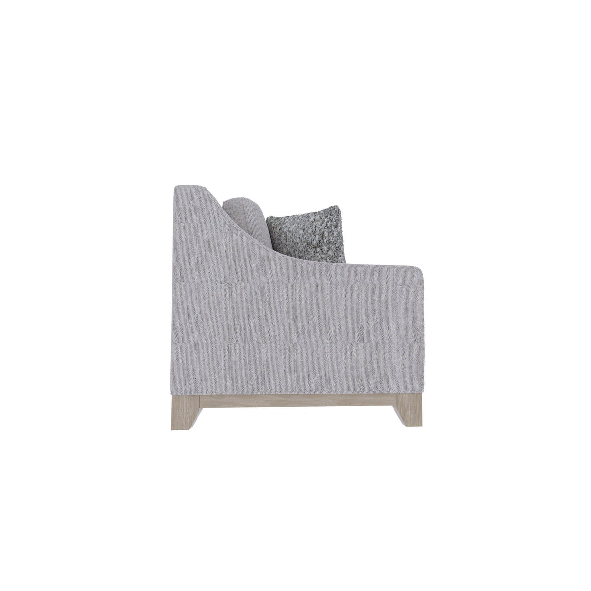 Stationary gray loveseat in durable fabric with light wood base and textured pillow on Tampa Home & Garden Store