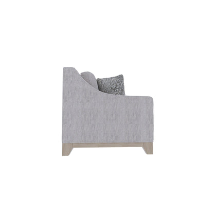 Stationary gray loveseat in durable fabric with light wood base and textured pillow on Tampa Home & Garden Store