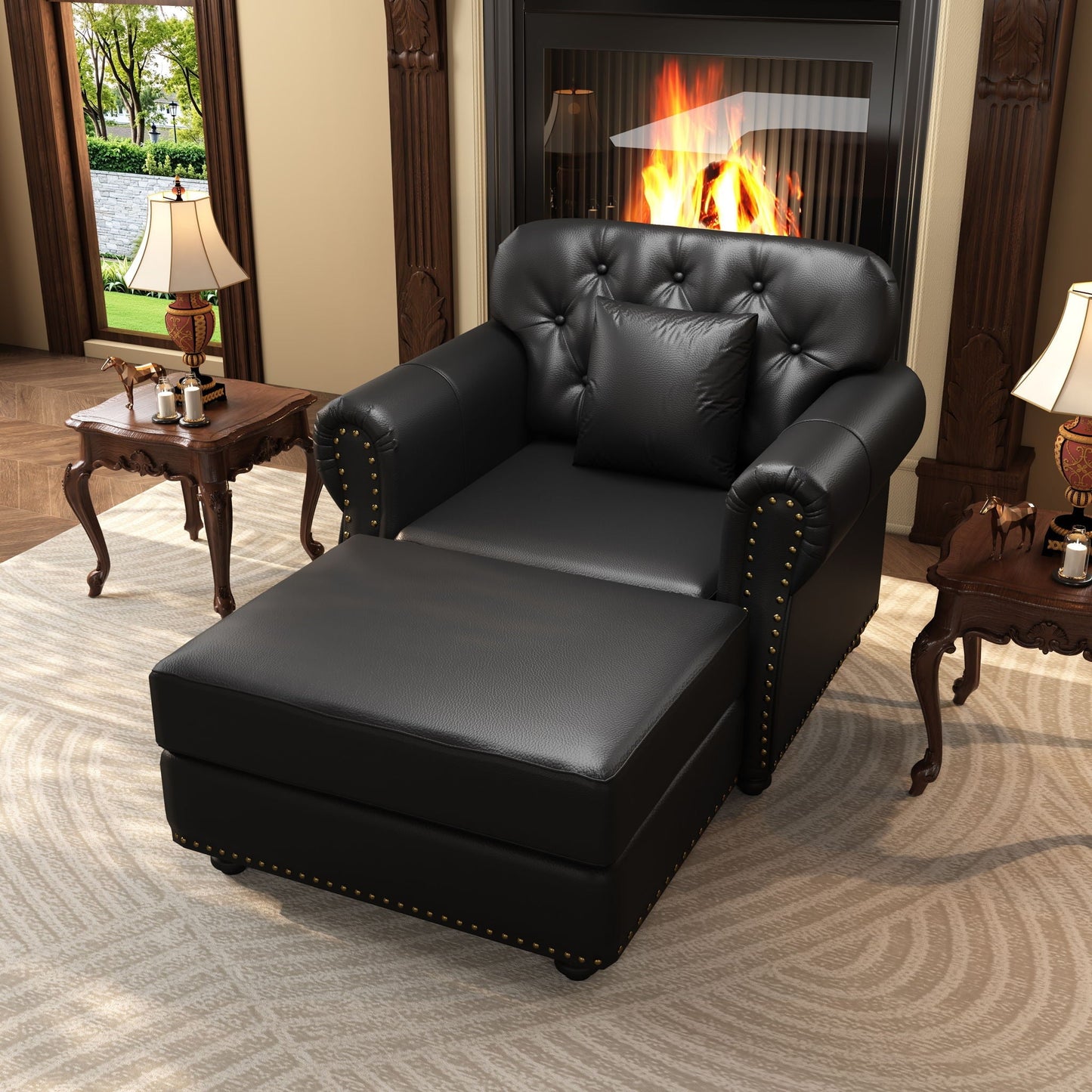 Upholstered Sofa with Nailhead and Ottoman