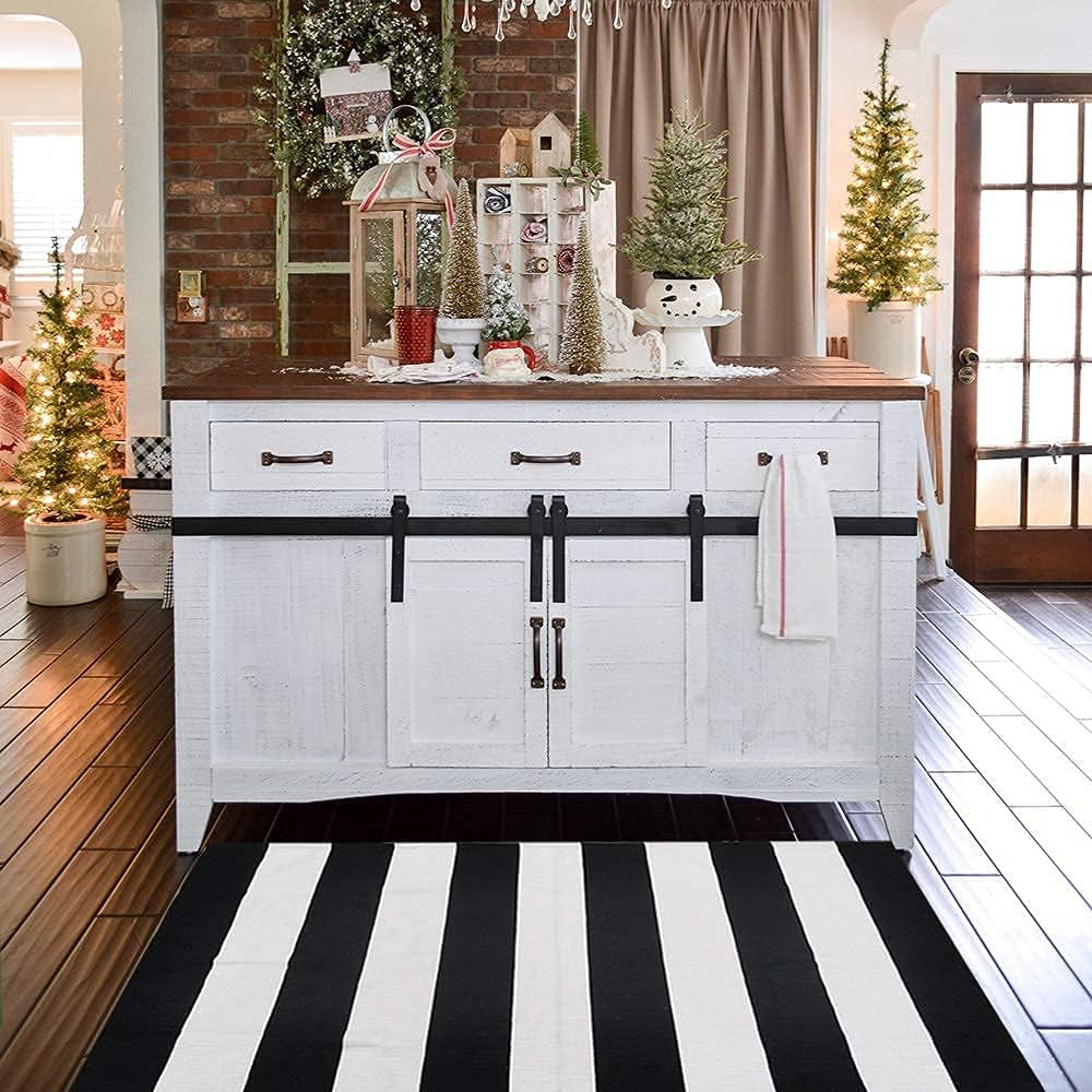 Oversized Black and White Striped Cotton Outdoor Rug – Reversible Farmhouse Porch Mat for Indoor & Outdoor Use, 27.5” x 43”