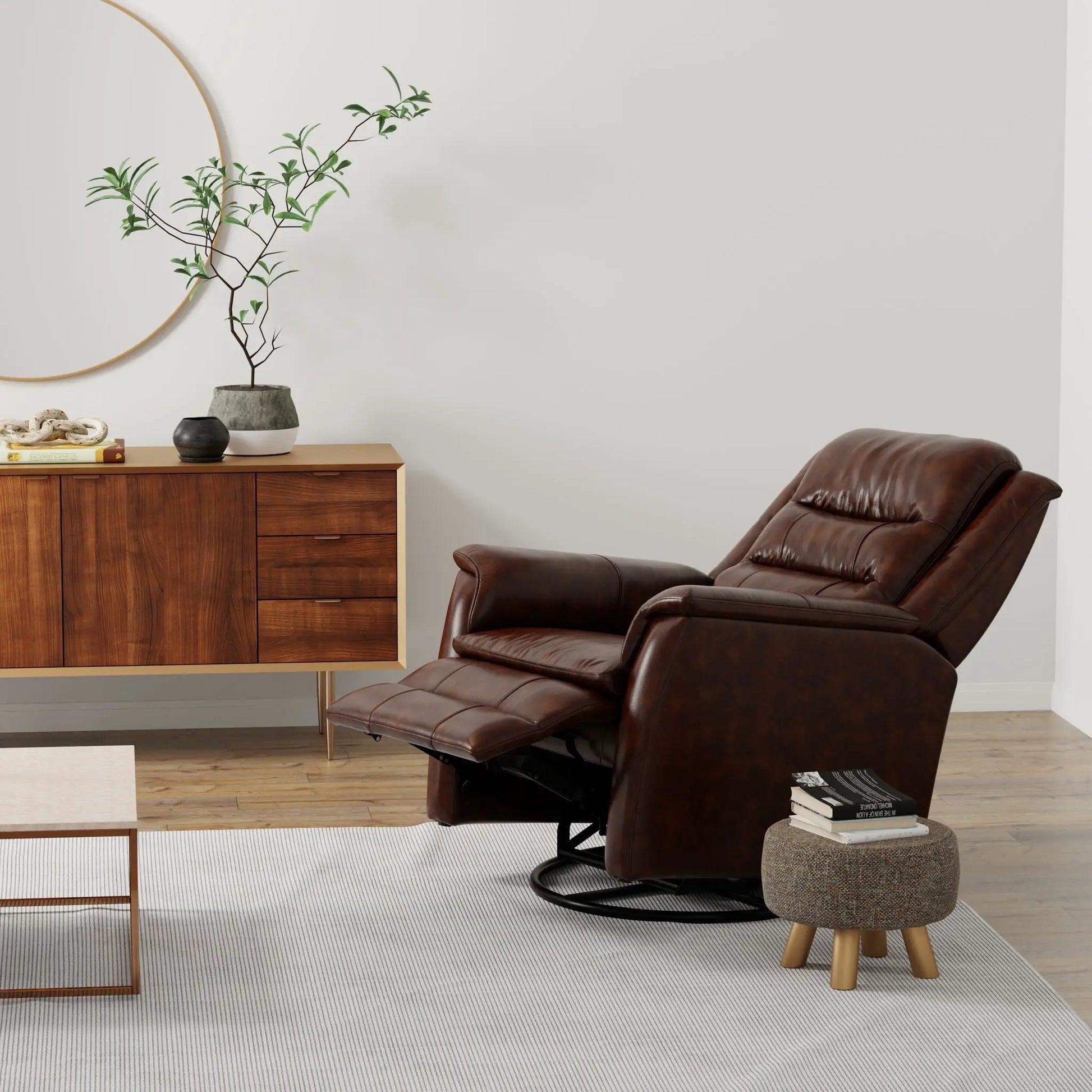 Swivel recliner with manual adjustable footrest in brown leather, modern living room setup on Tampa Home & Garden Store