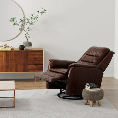 Swivel recliner with manual adjustable footrest in brown leather, modern living room setup on Tampa Home & Garden Store