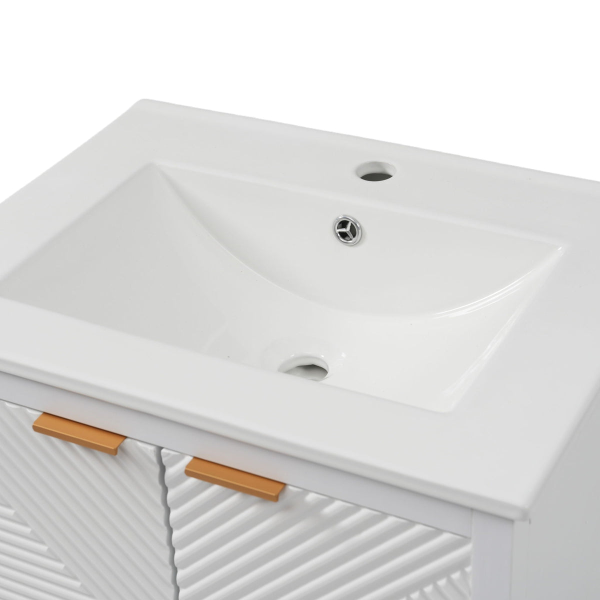 Modern white bathroom vanity with sink, compact storage, chrome drain, orange drawer handles on Tampa Home & Garden Store
